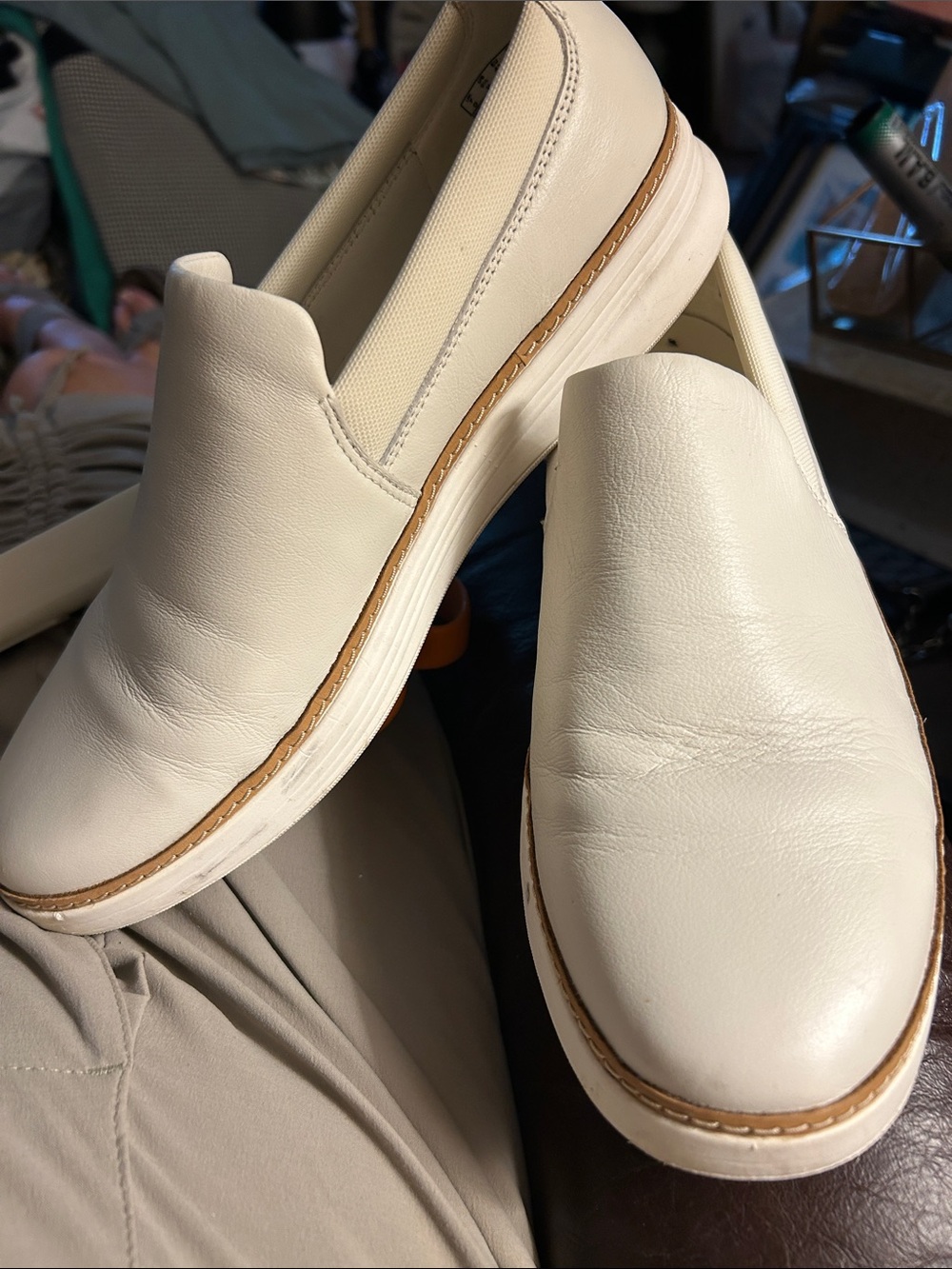 Ladies’ CLARKS White Slip-On Leather Casual Shoes Size   9.5”Like New